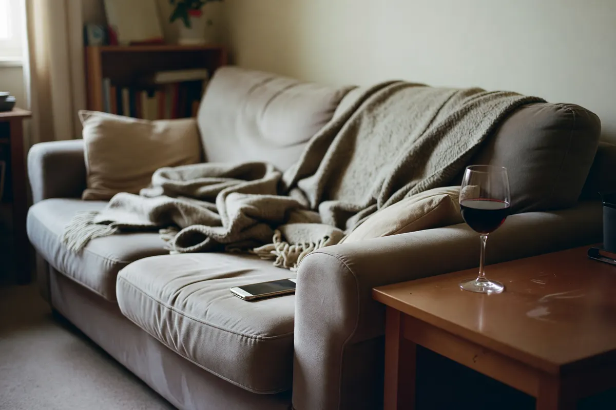 cozy corner of the couch with the blanket and my wine