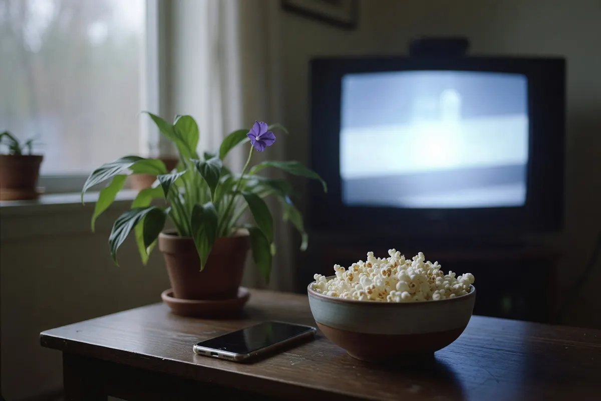 living room at night with popcorn and the tv on