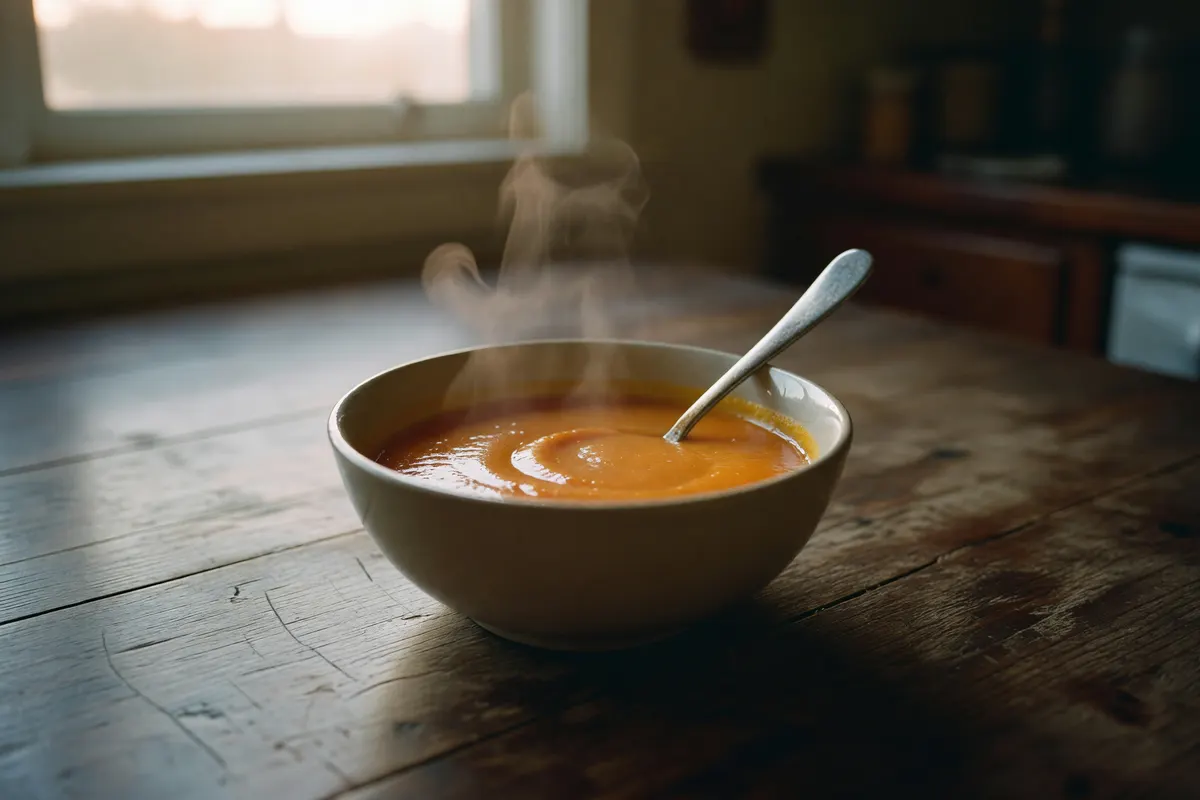 soup in a bowl on the table with evening light