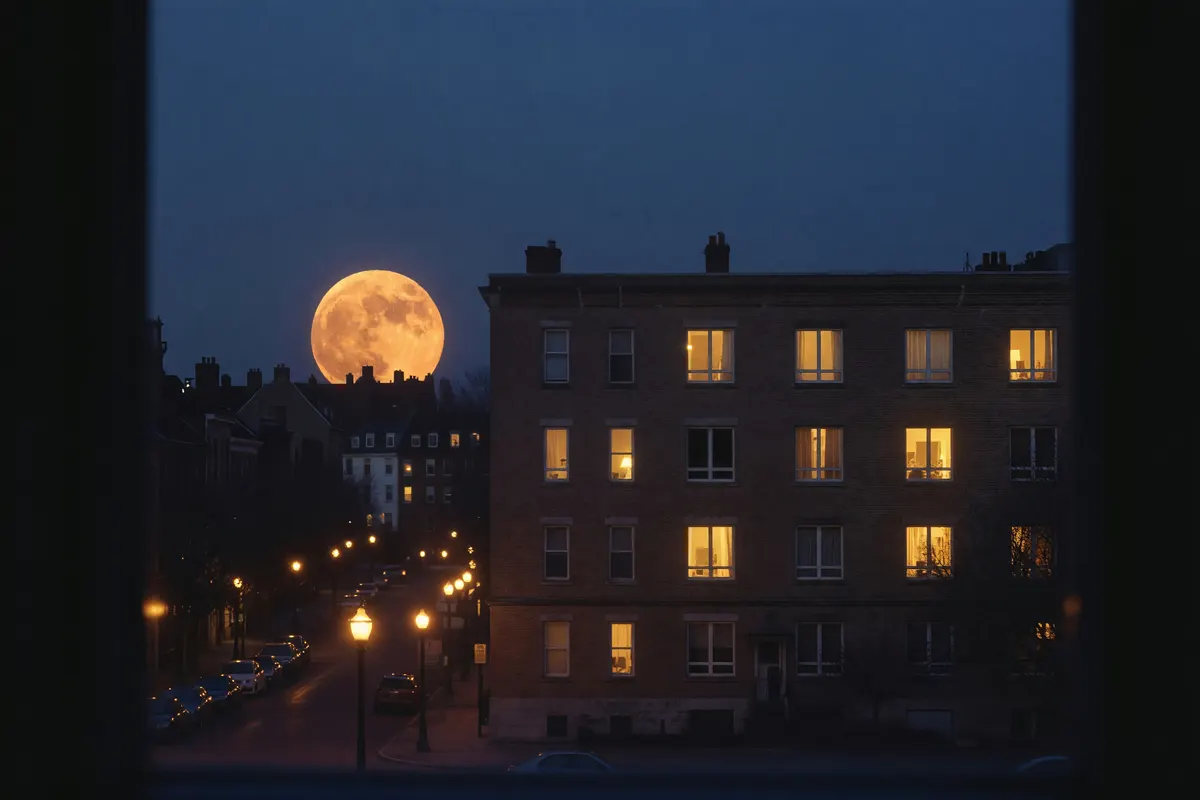 evening view out the window with the moon