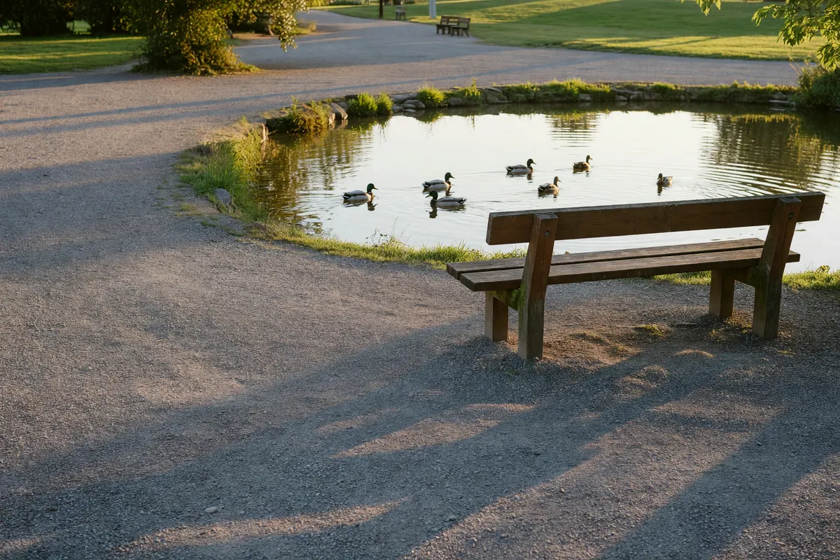 phone photo of the bench by the pond at dusk