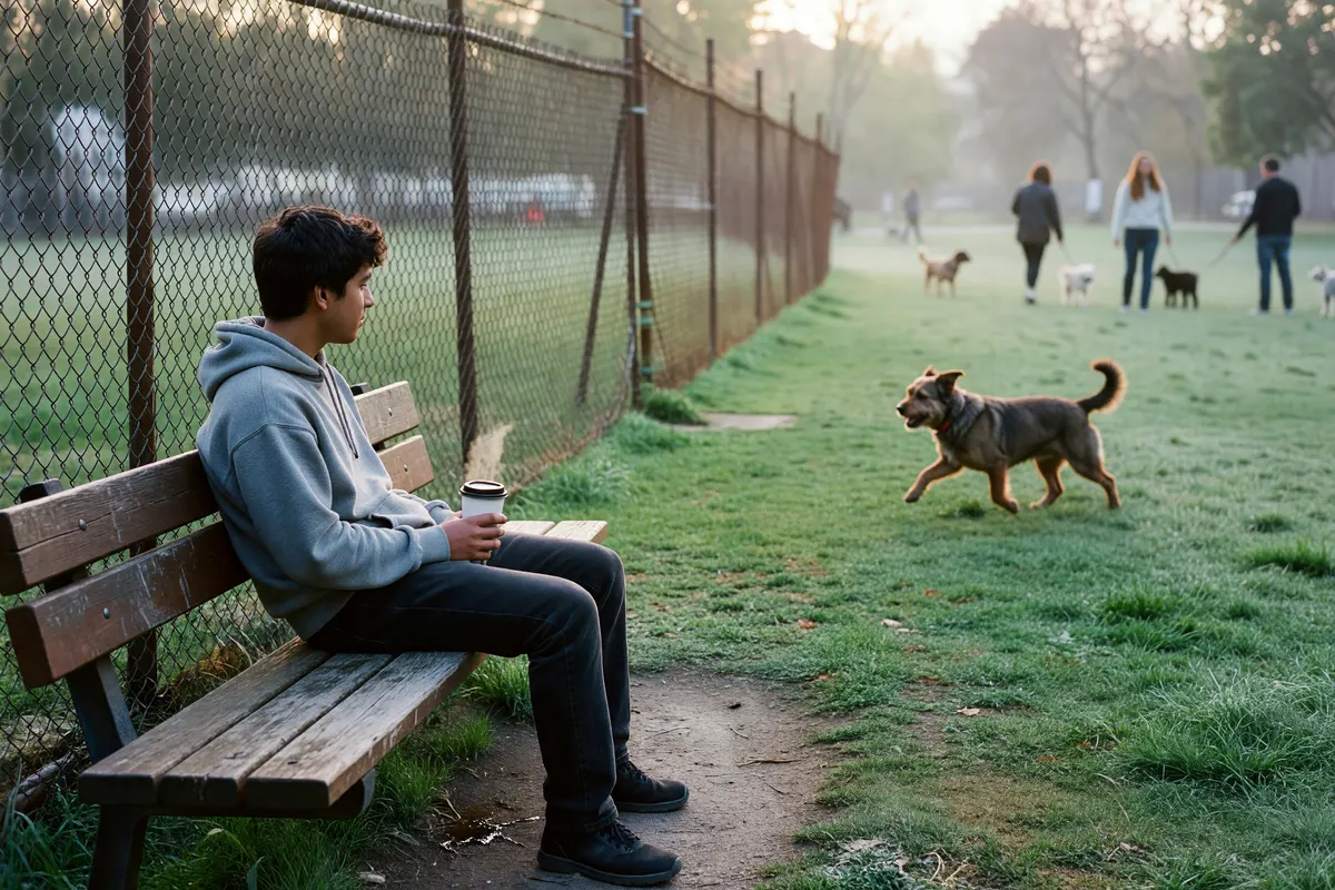 morning at the dog park, bench and coffee