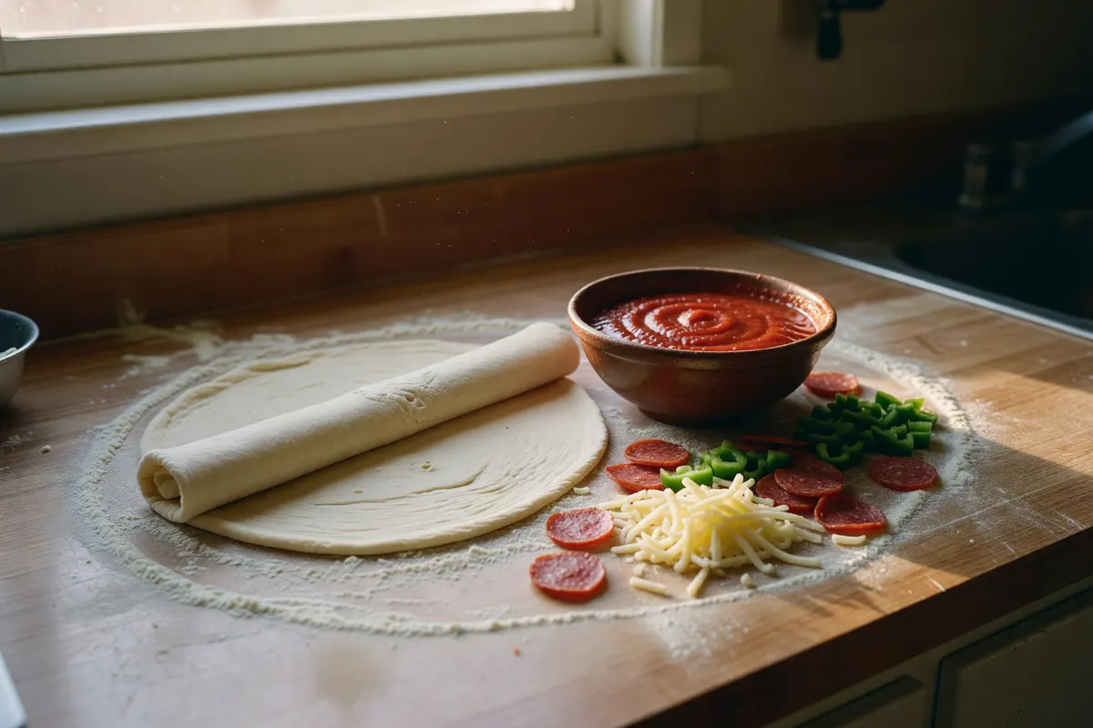 phone snap of the pizza dough mess right after i finished rolling it