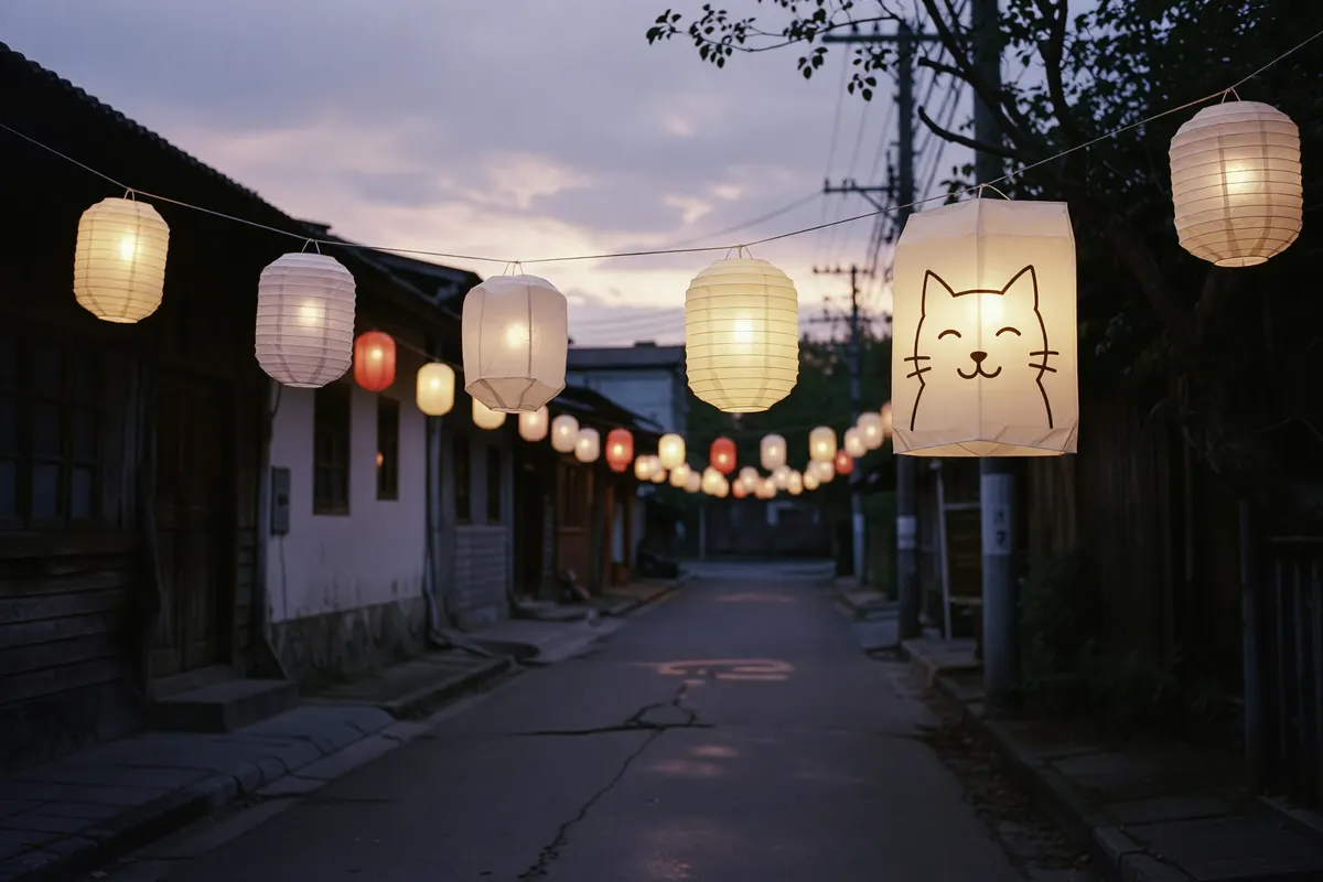 lanterns up on the main street, mine is the one with the bad cat drawing