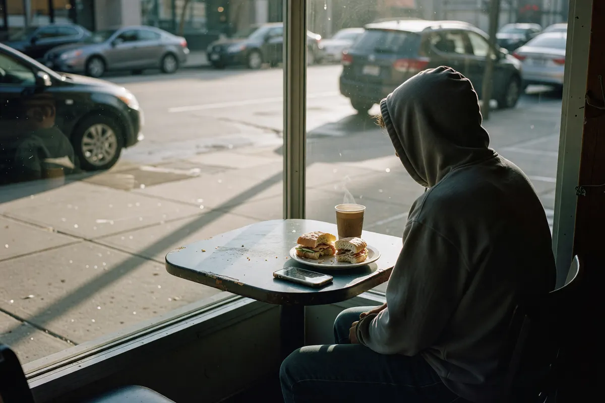 table by the window with cars lined up outside