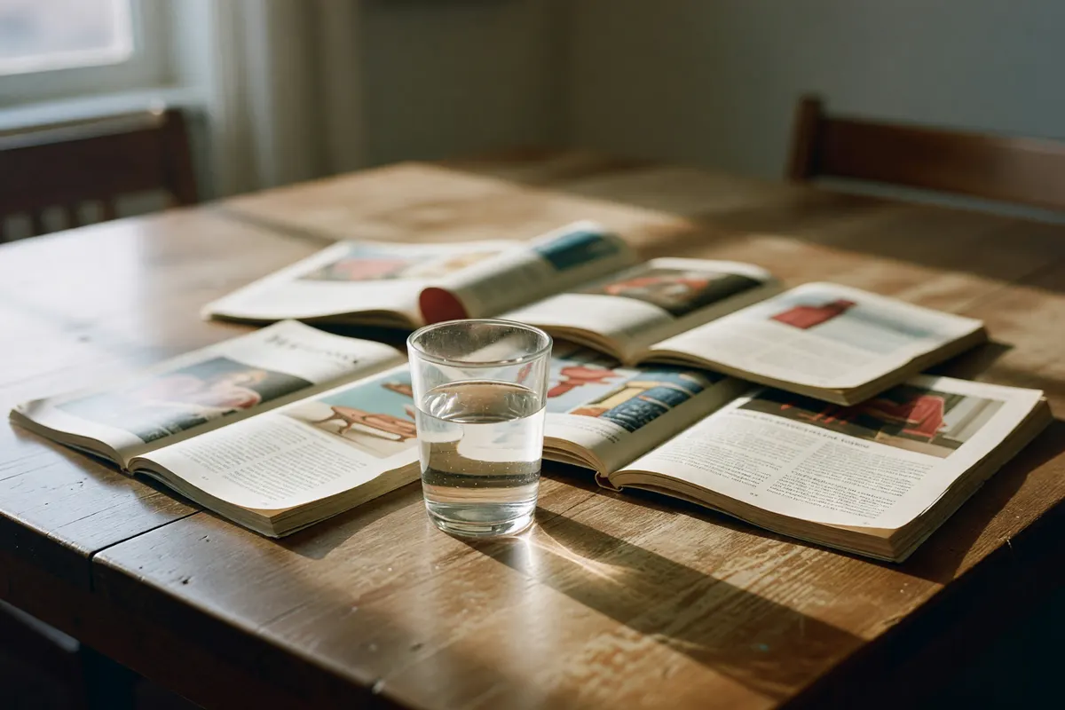 catalog pages spread out beside a half-empty glass