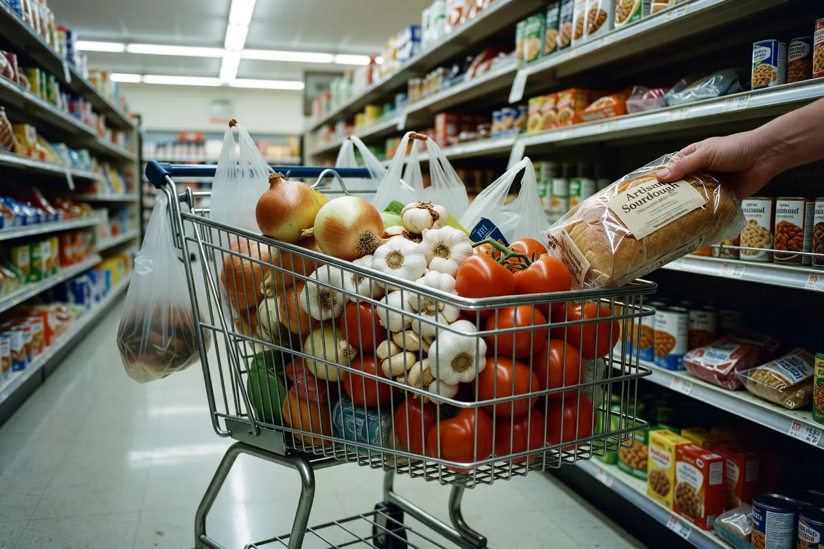 cart with produce under store lights