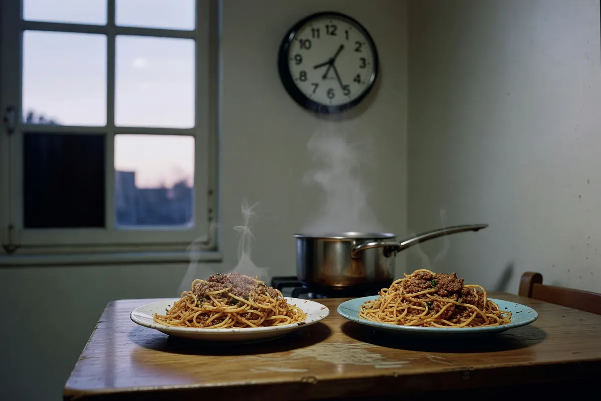 dinner table with pasta and clock