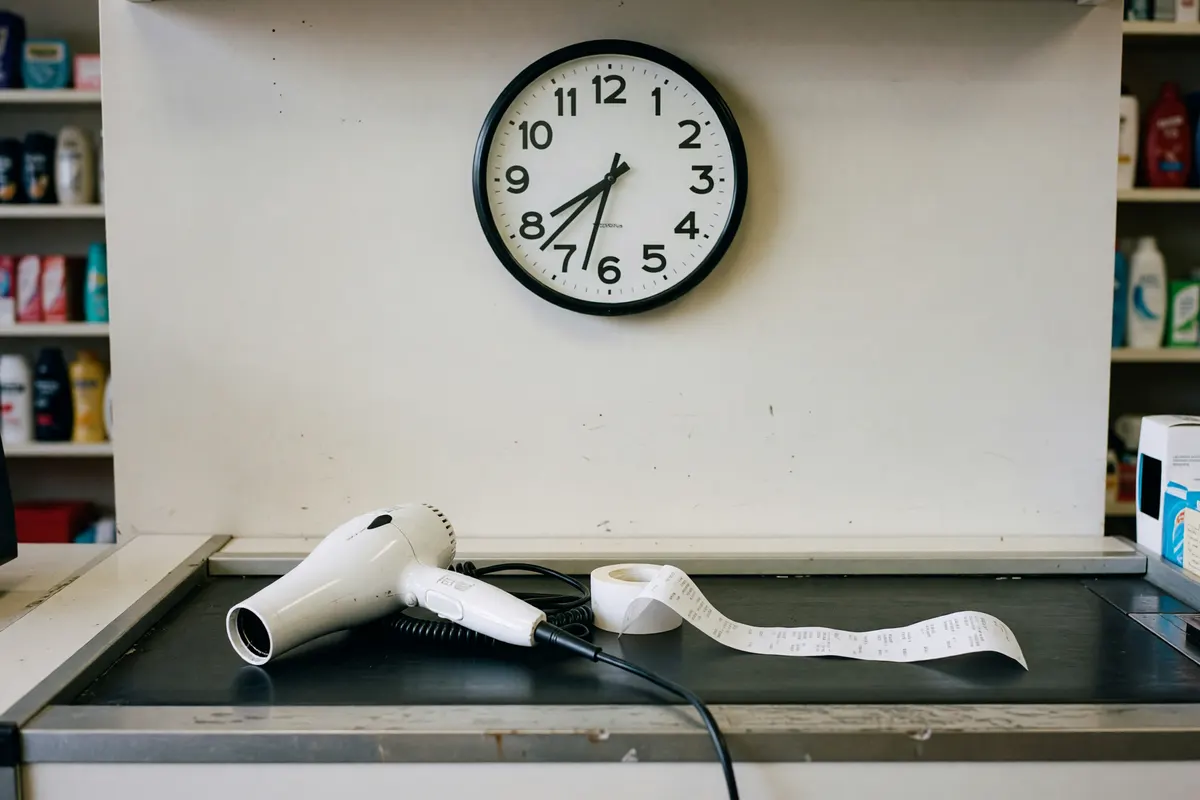 line at the register, clock on the wall