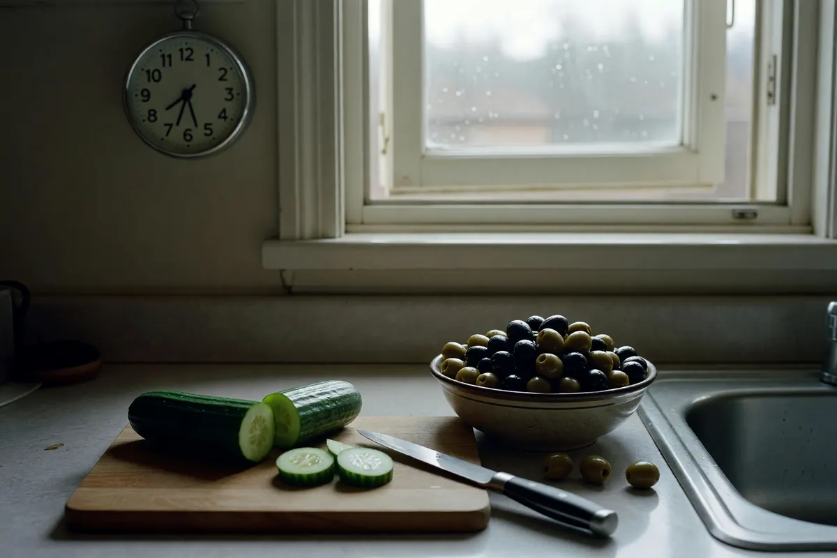 messy counter after chopping, clock just visible