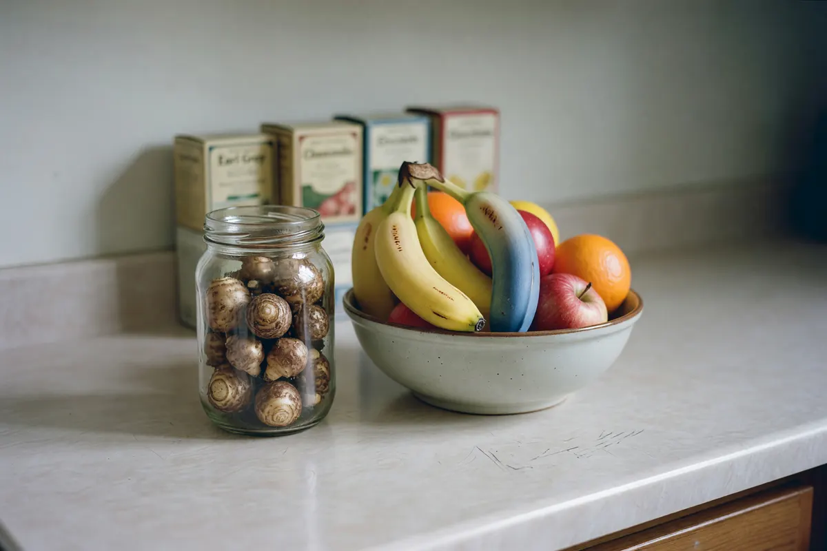 jar from nana sitting by the fruit bowl