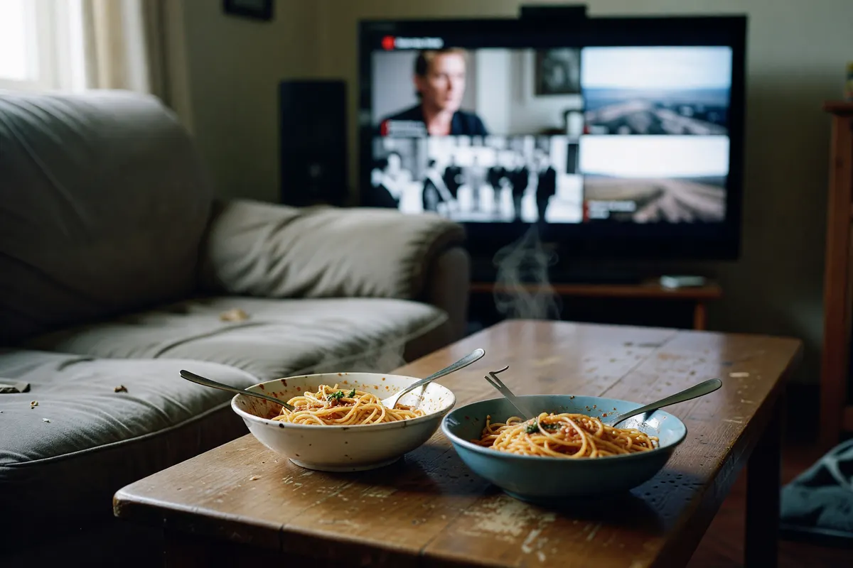 dinner on the couch, half the documentary done