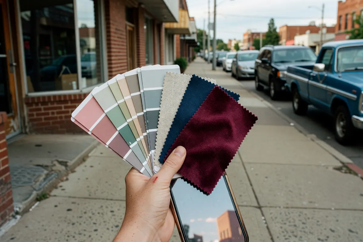 phone photo of paint chips spread out on the sidewalk