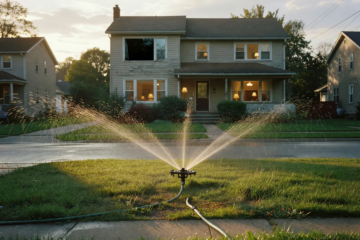 sidewalk angle with sprinkler and the dark window visible