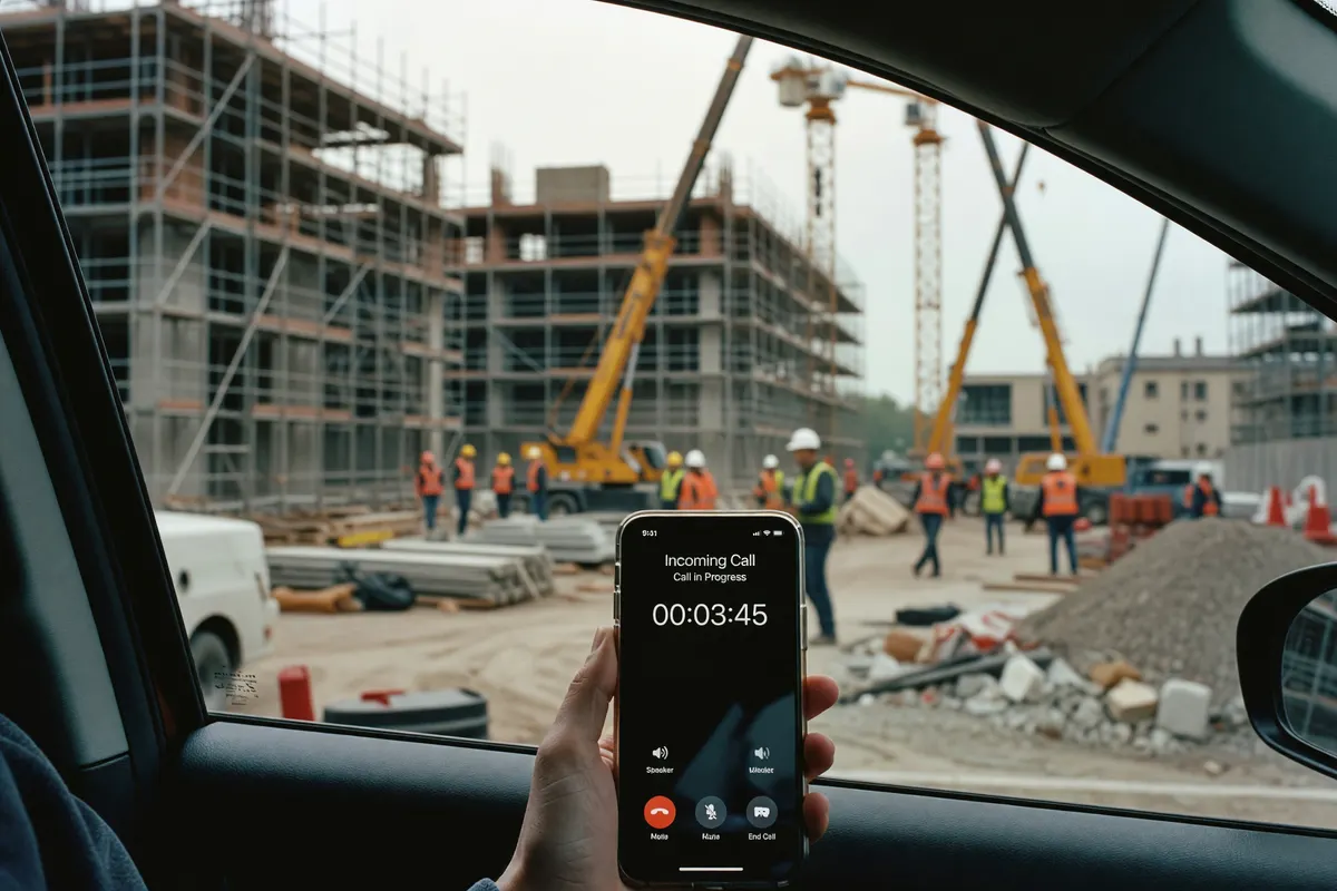 phone call with a crane reflected in the side mirror