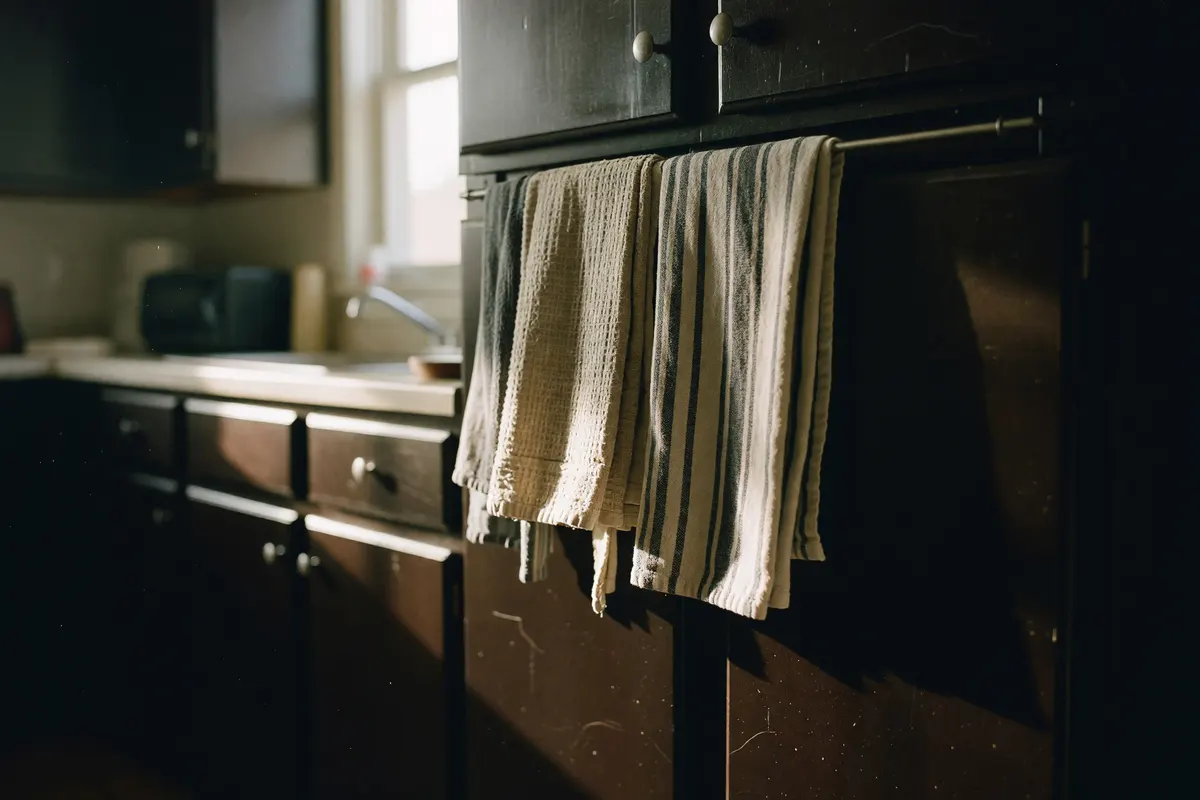 new towels hung up in the kitchen