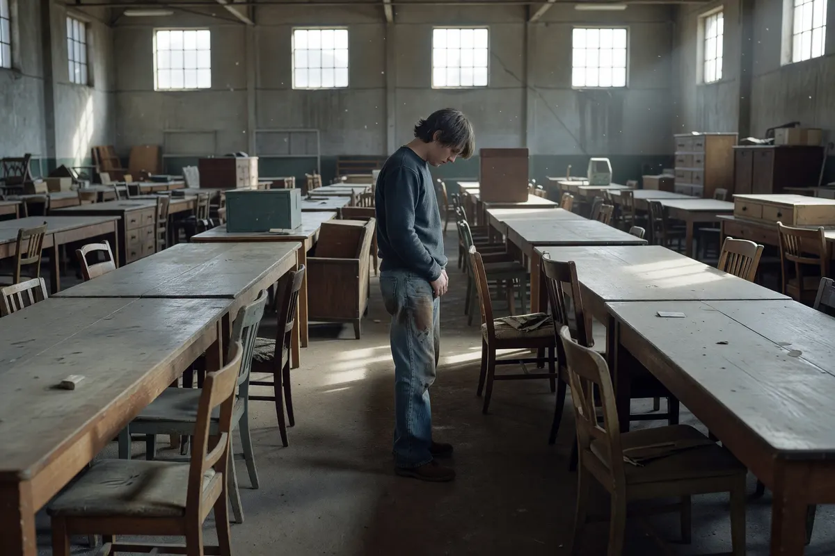 wide shot of the warehouse market, rows of tables and morning light