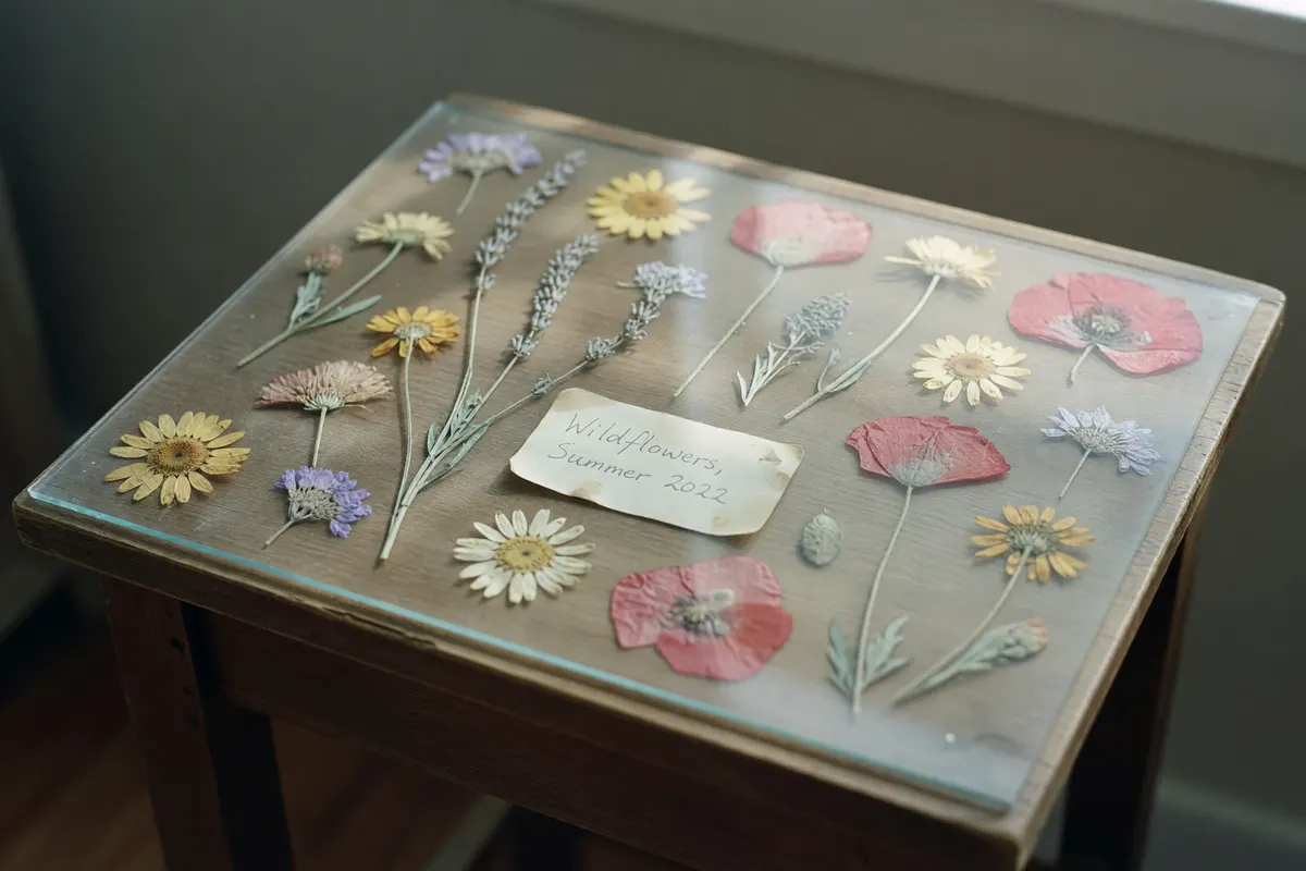 close-up of the pressed flowers with the weird label