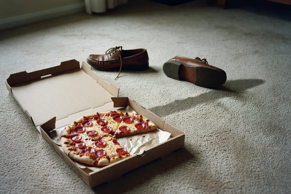 open pizza box on the floor