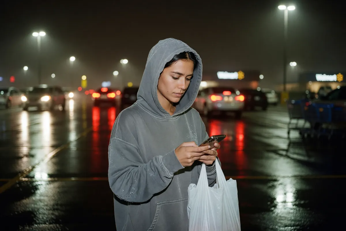 me outside walmart with the rain starting to pick up