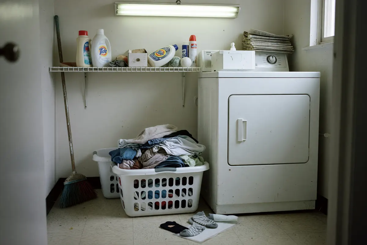 laundry basket with socks on the floor