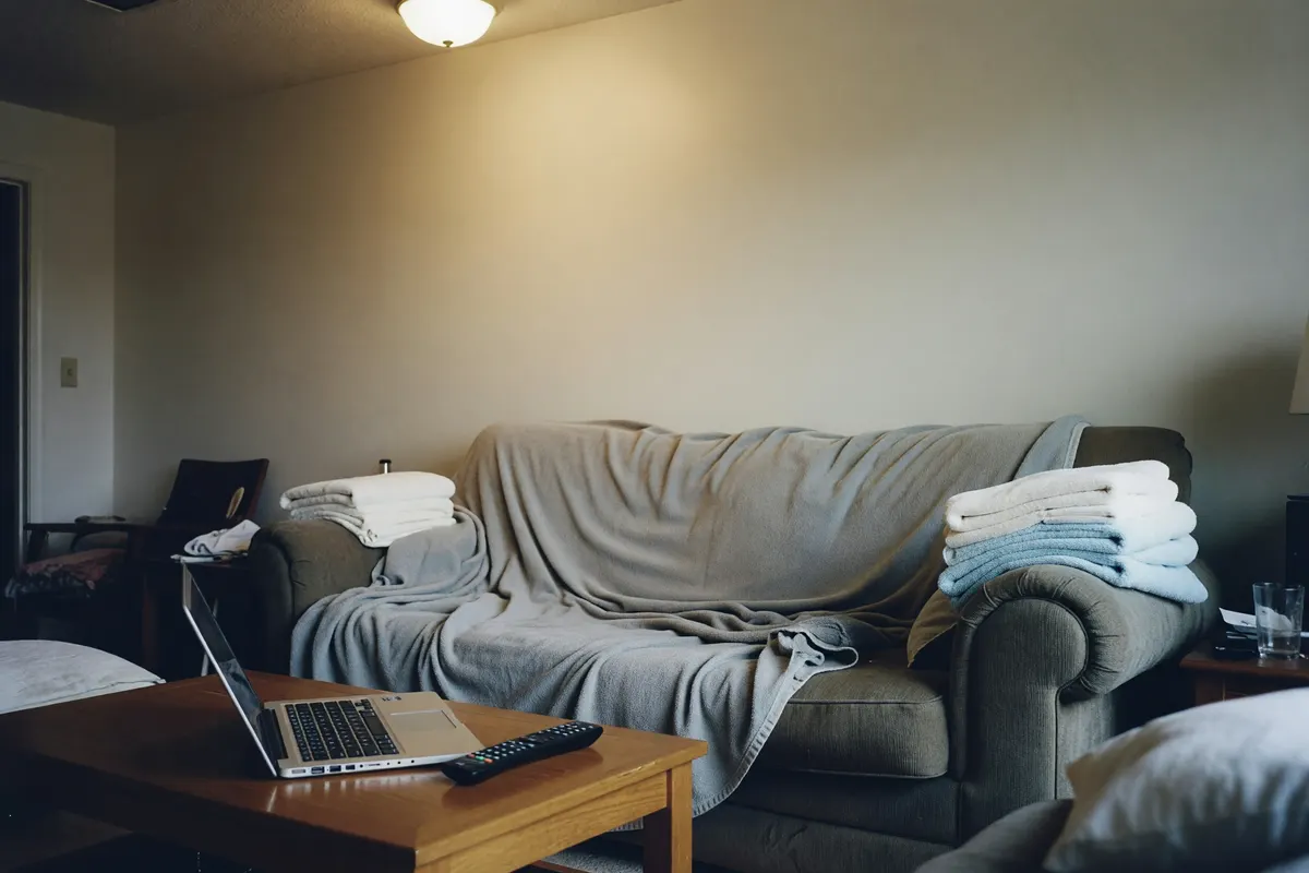 couch with blanket and open laptop