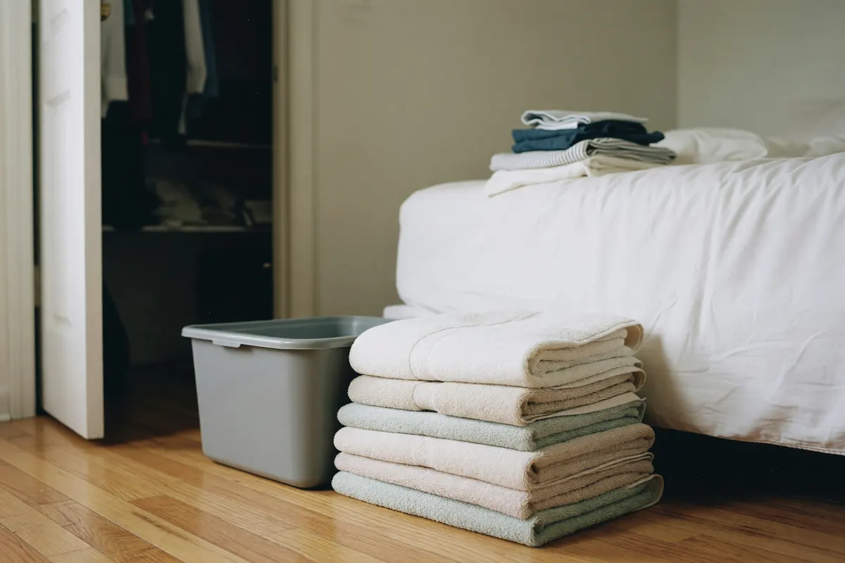 new towels and bin next to the closet
