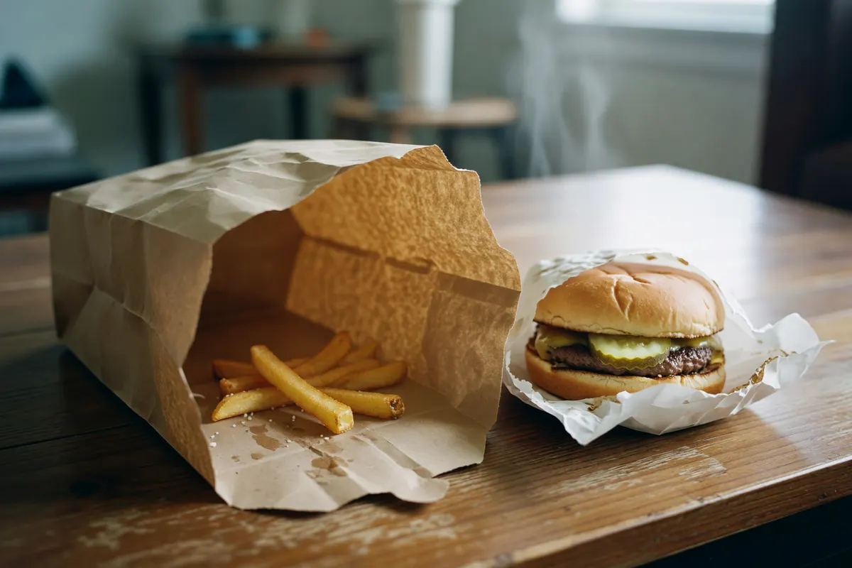 takeout burgers and fries on the table