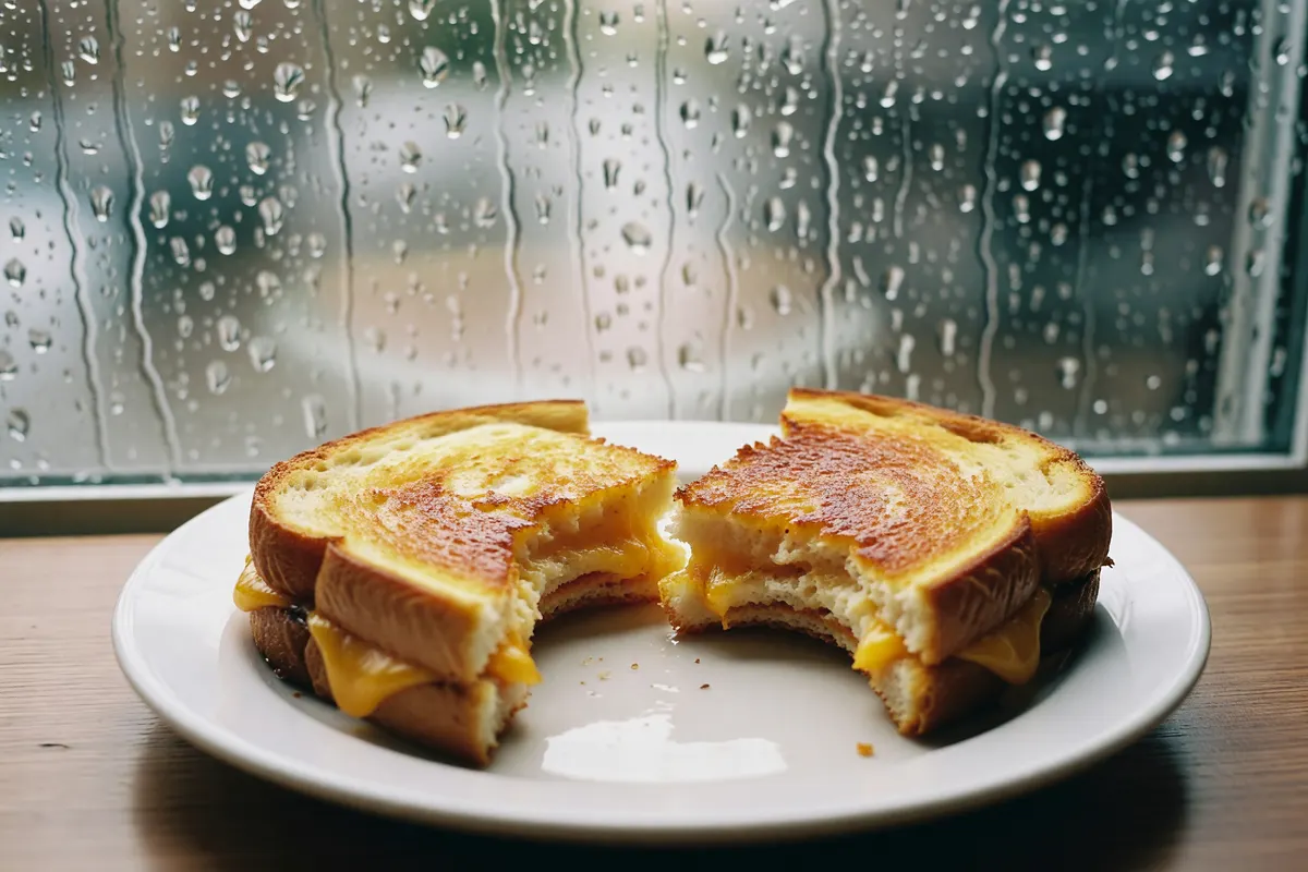 grilled cheese on a plate with rain on the window