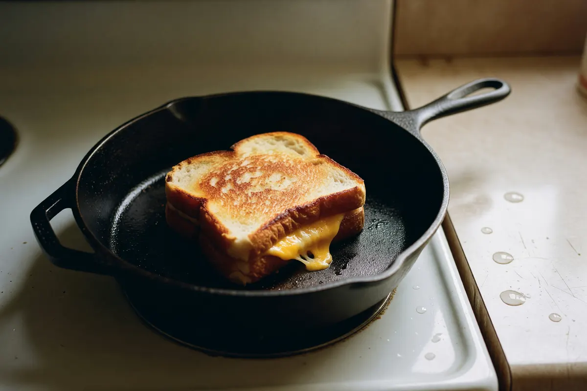 skillet with a sandwich cooking