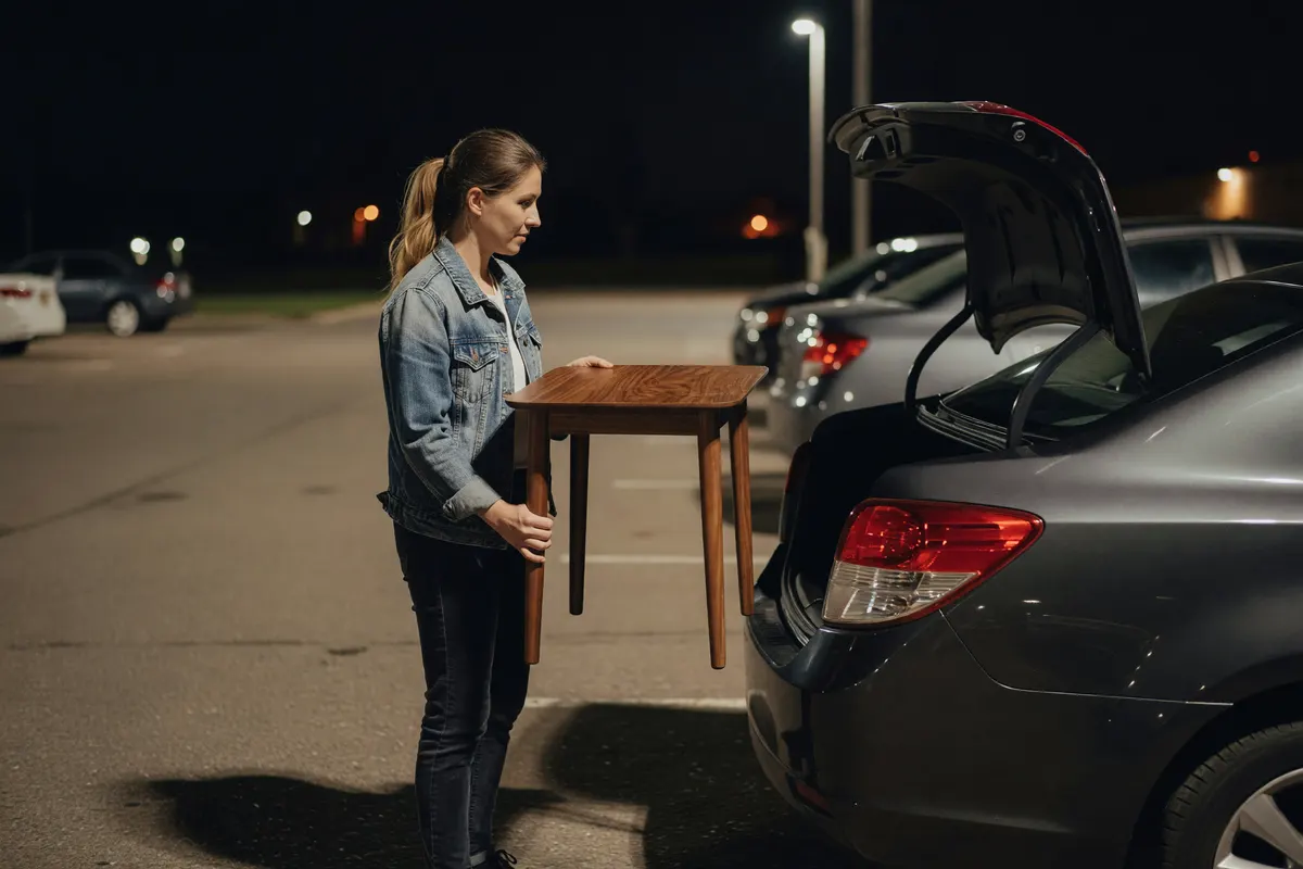 loading the new side table into the car