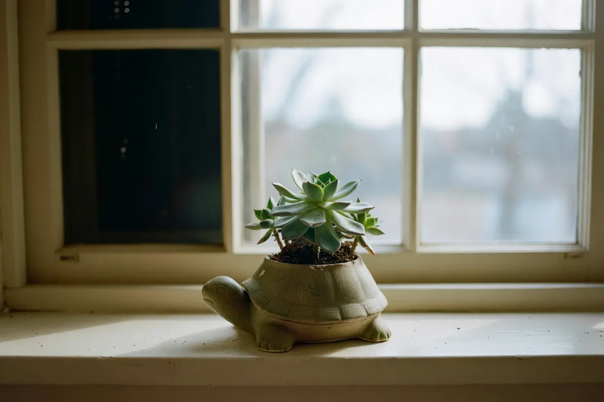the turtle planter on the windowsill