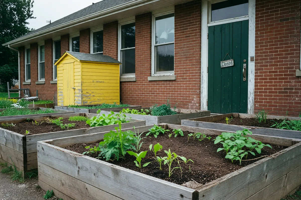 raised beds and the yellow shed
