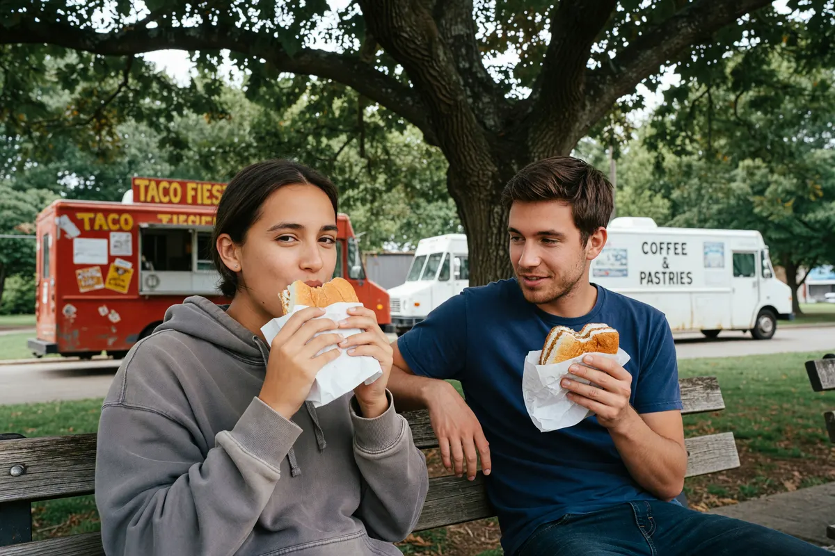 us eating on the bench