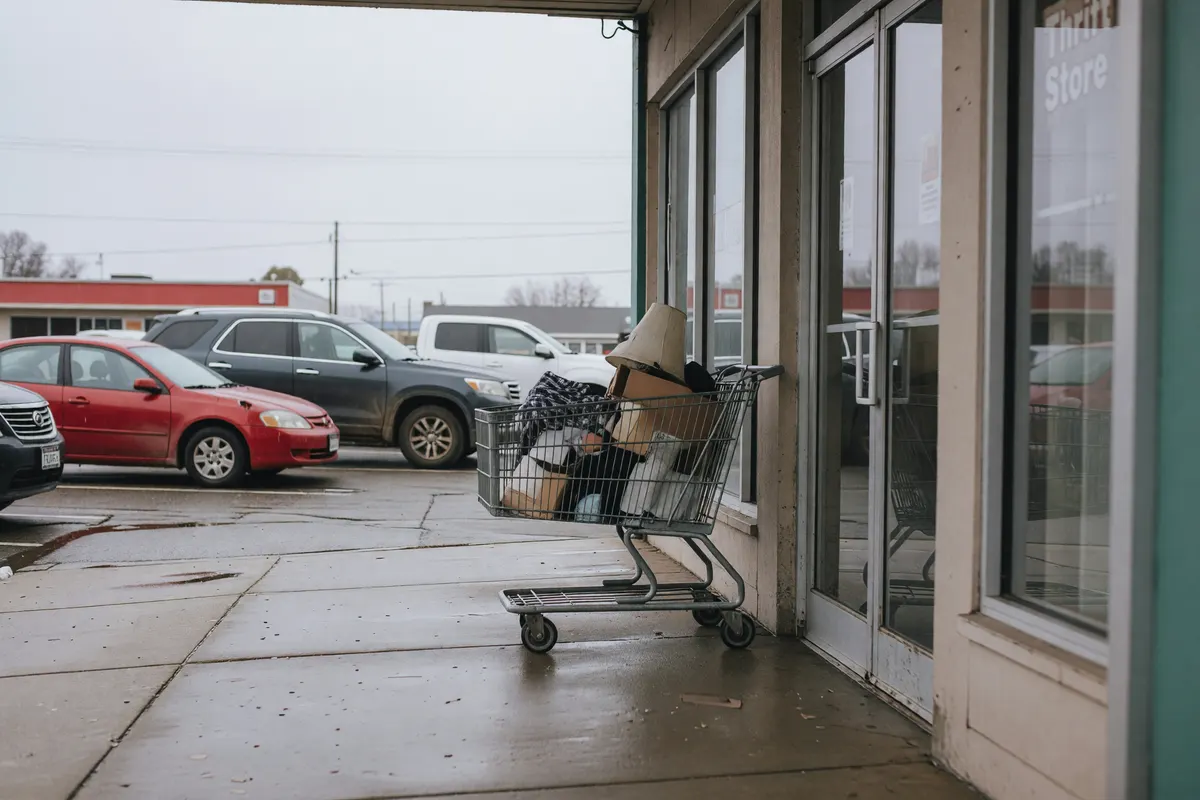 thrift store entrance, cloudy morning, wet pavement