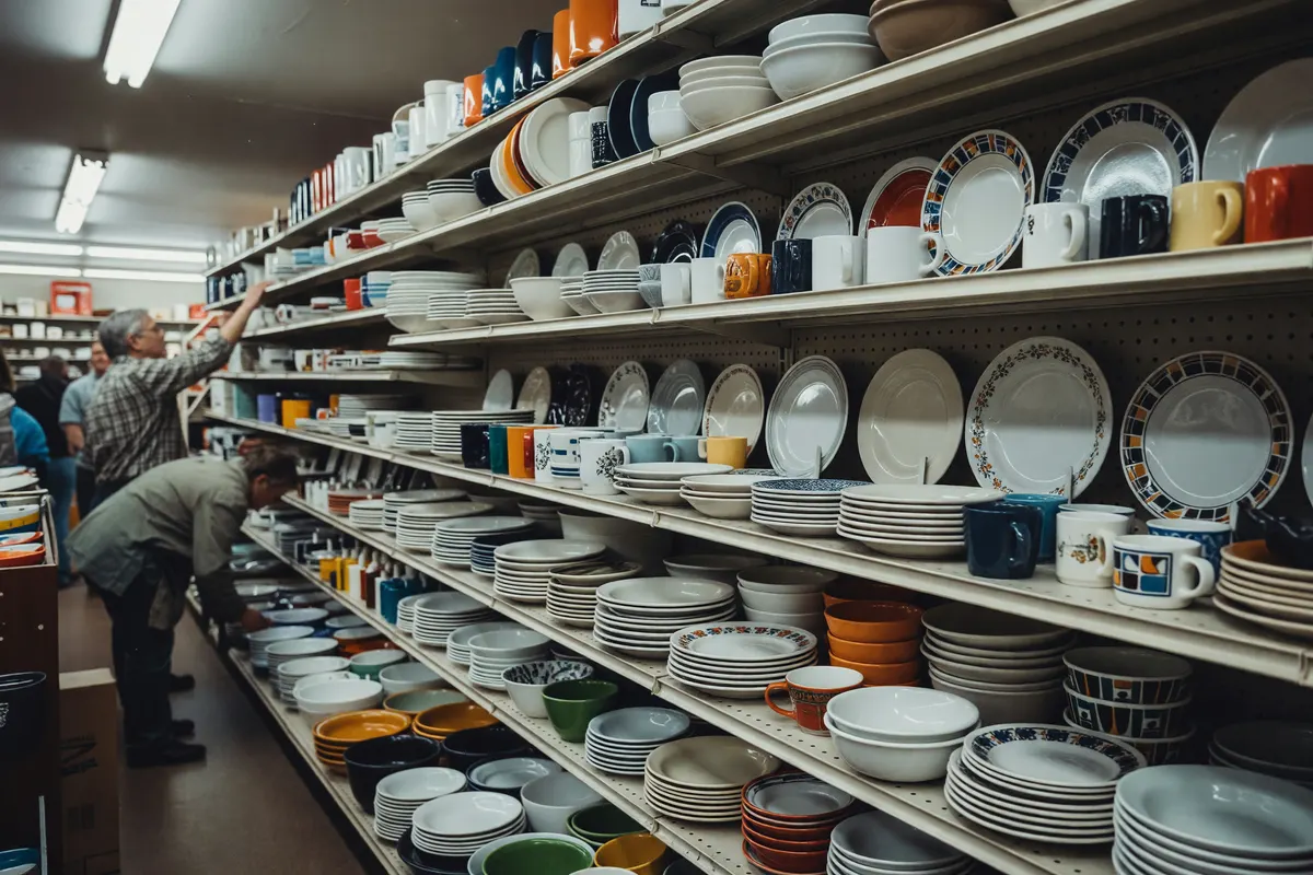 inside the dishware aisle at the thrift store