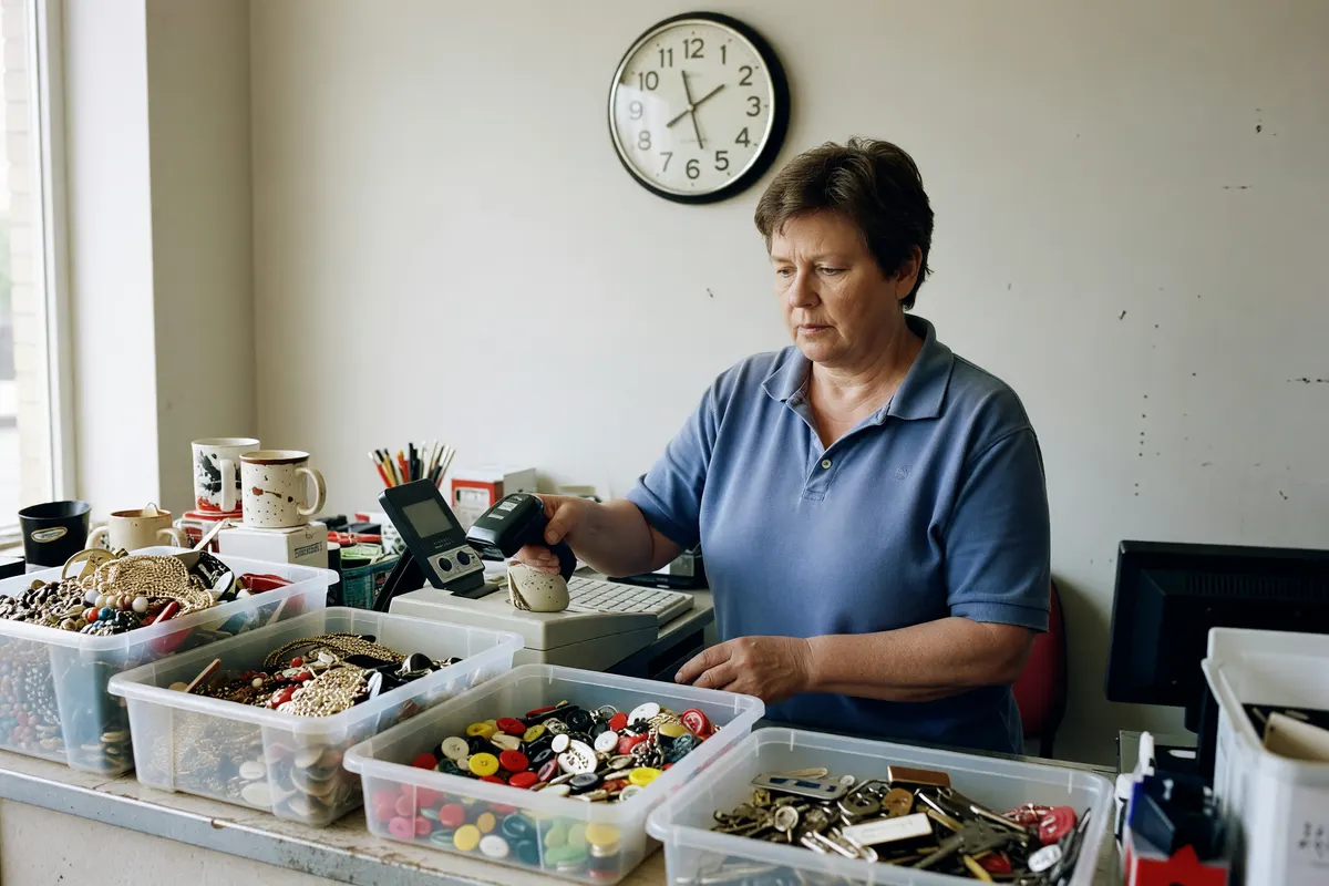 checkout counter with bins of knickknacks