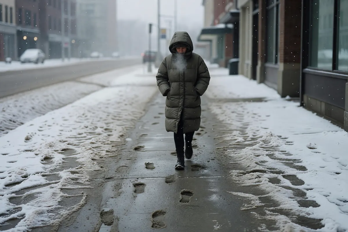 sidewalk view with footprints in the slush