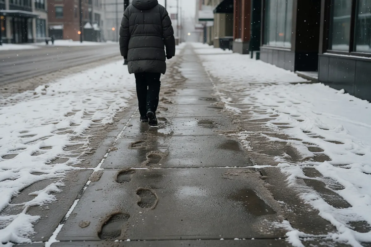 blurry phone shot of the street while snow falls