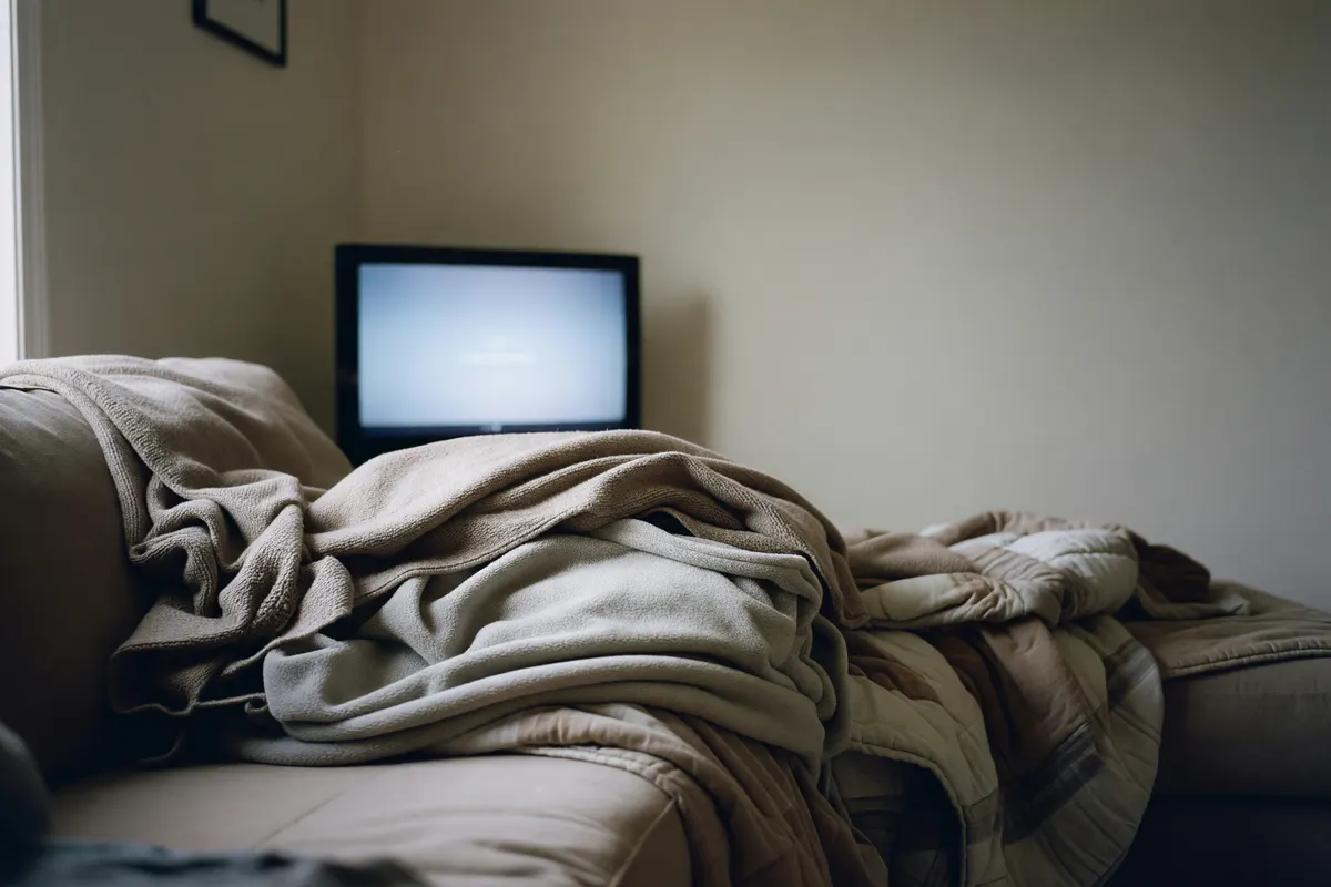 blankets and tv on in the living room