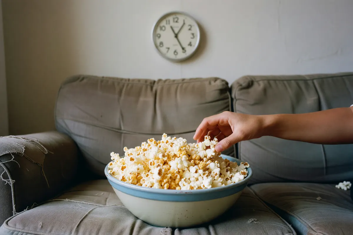 popcorn bowl with hand reaching in