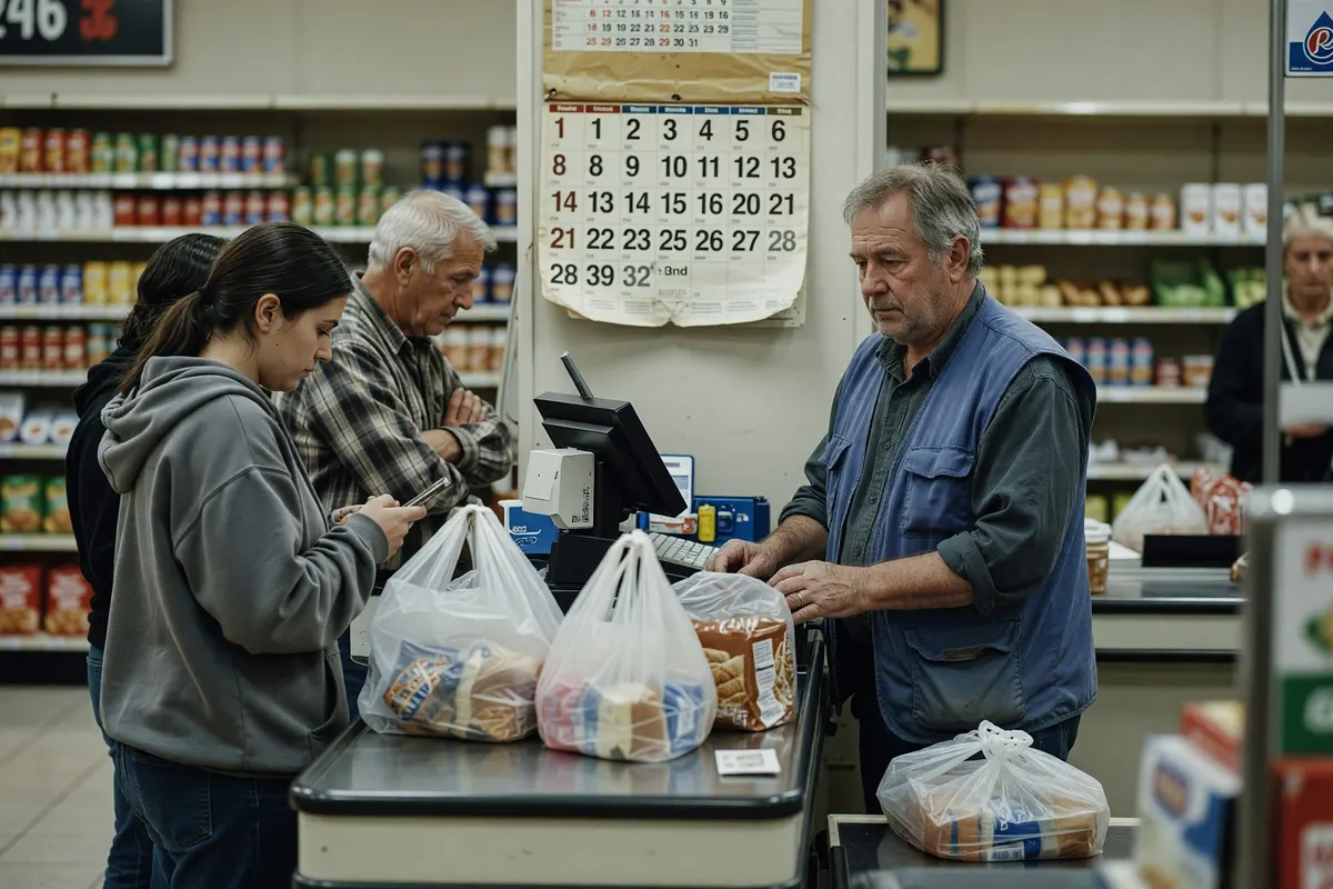 checkout line and calendar on the wall