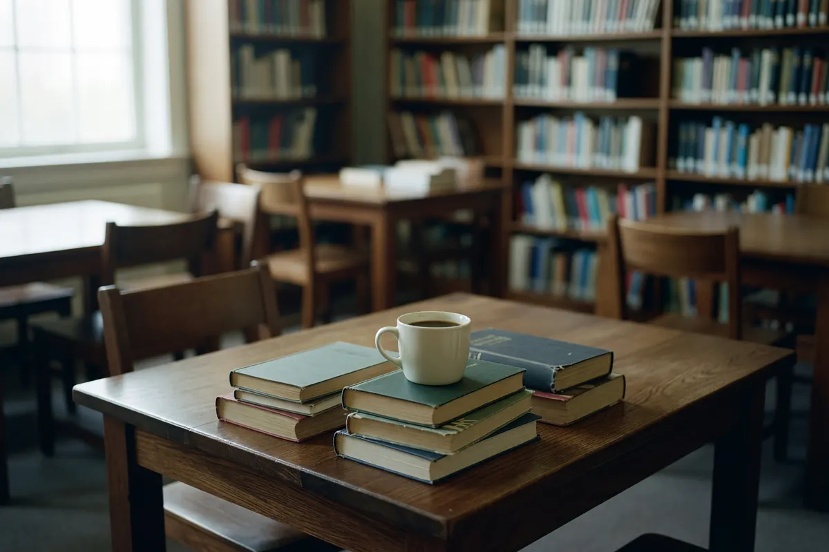 library table with my books and coffee