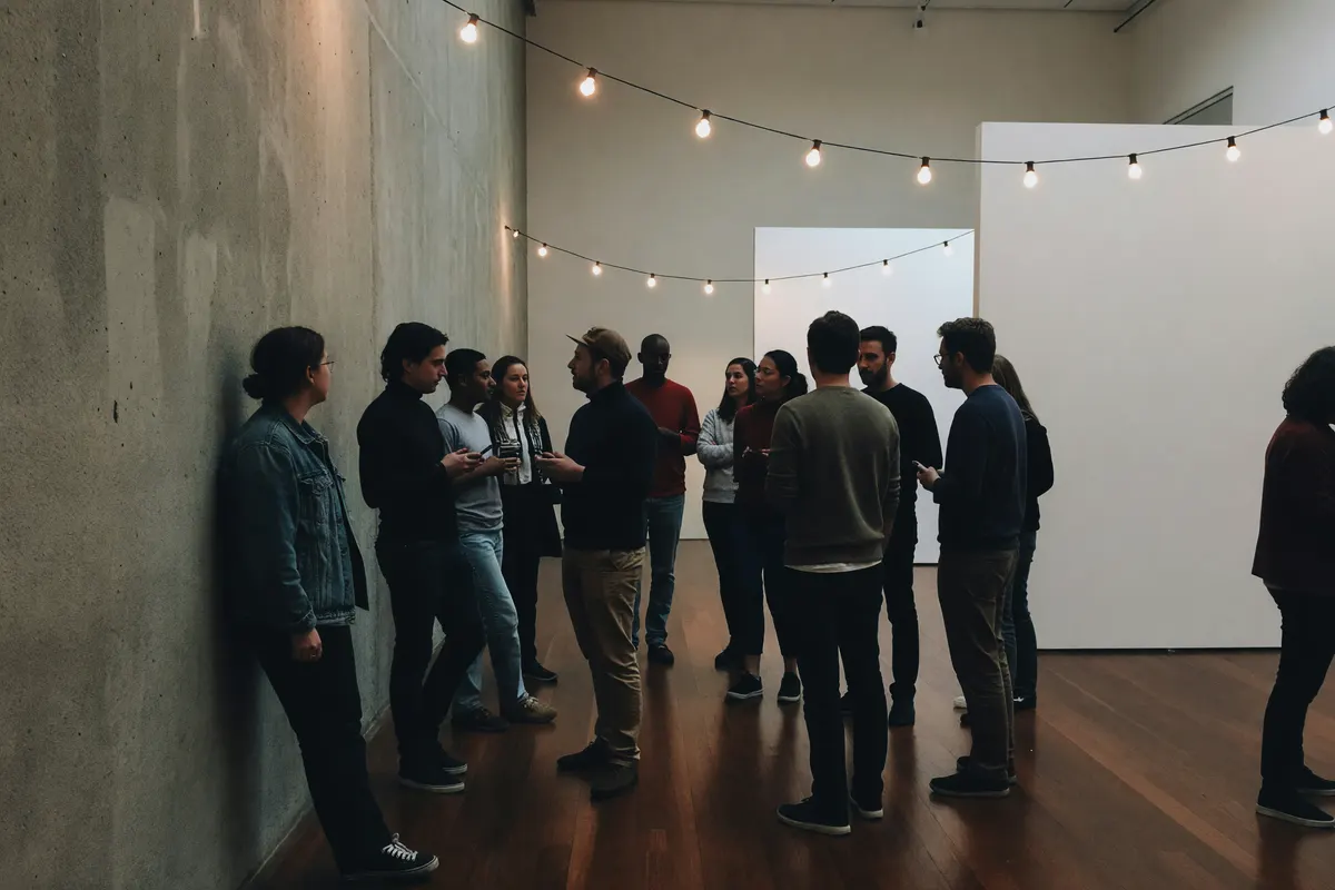 crowd near the back wall at the gallery opening