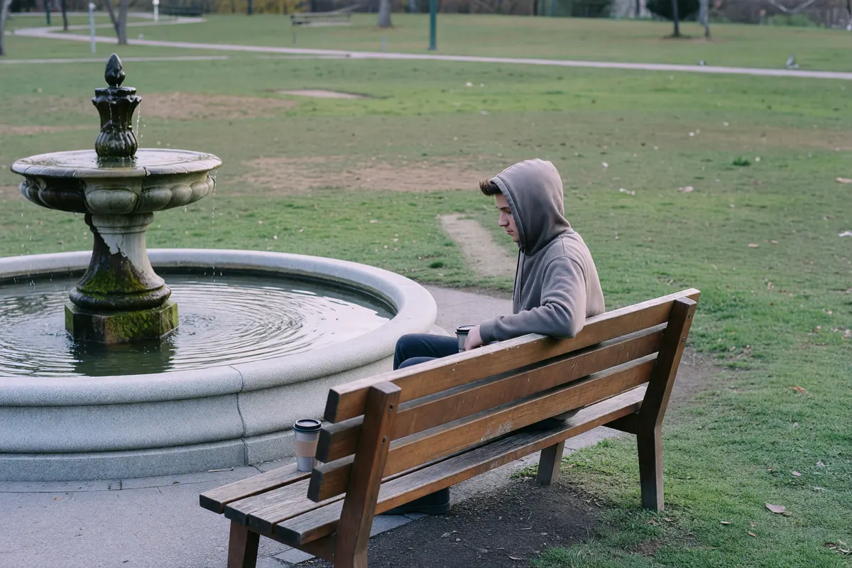 bench by the fountain, quiet morning light
