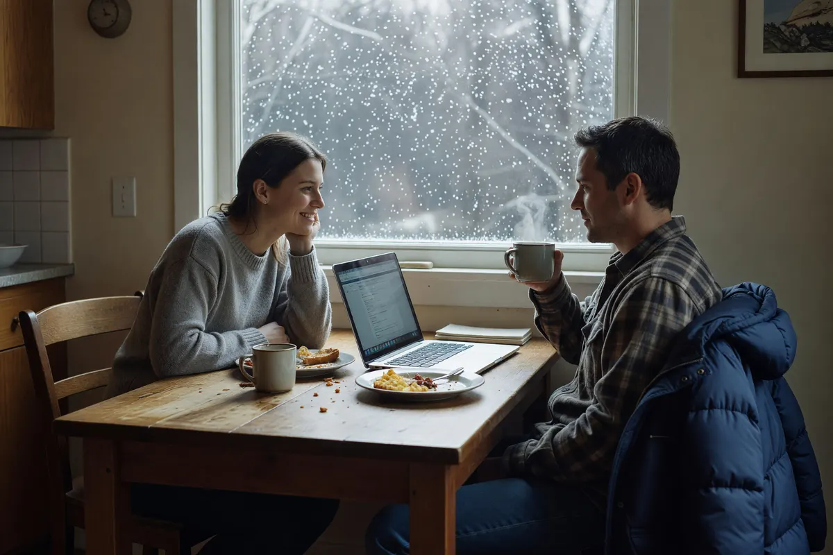 table setup by the window with snow coming down