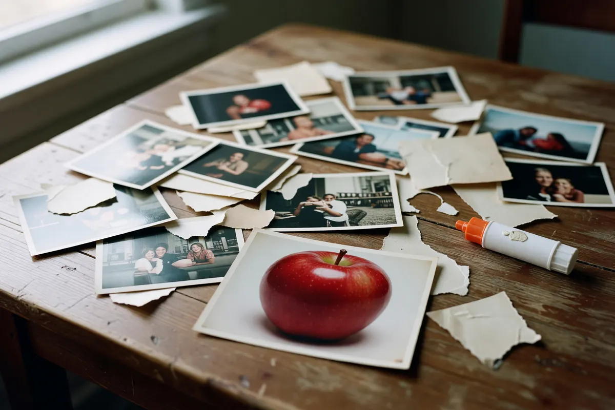 messy table with photos and glue