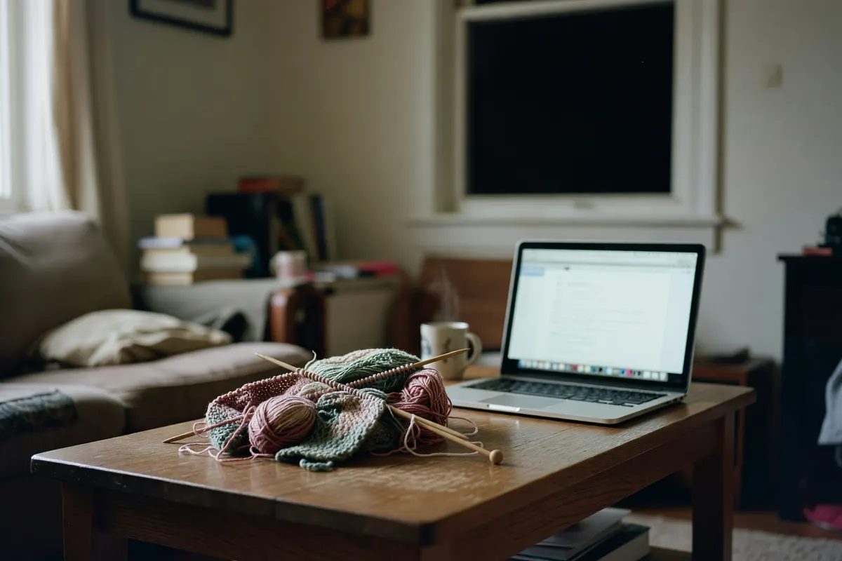 half-knitted scarf on the table