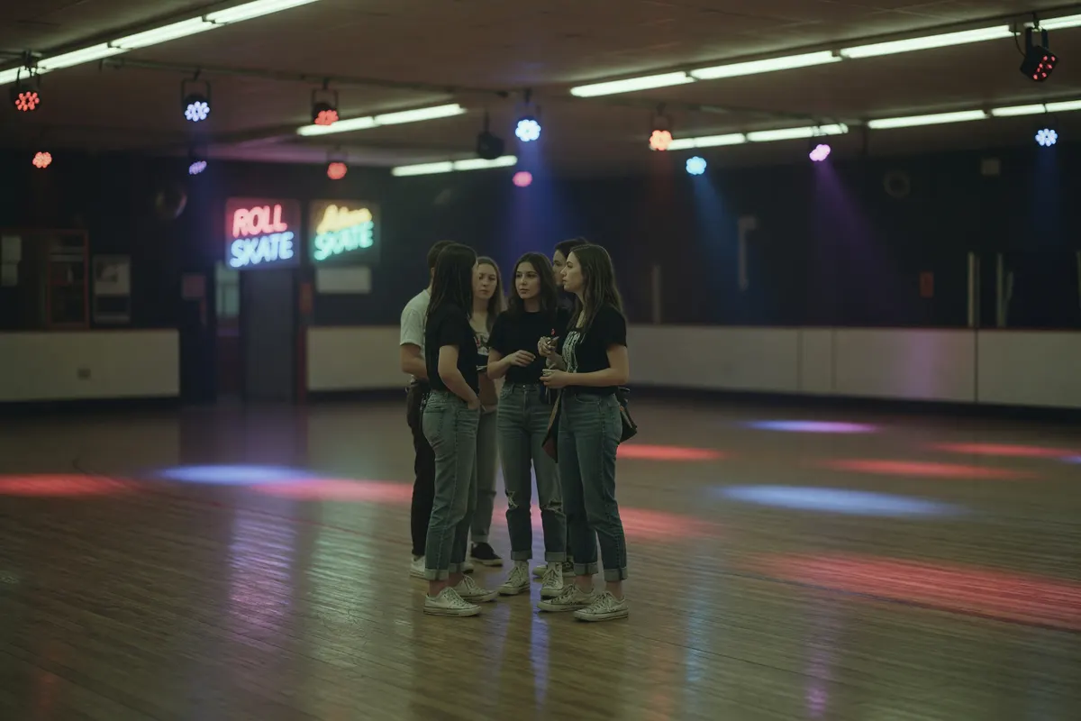 shot of the rink floor with people hanging out near the entrance