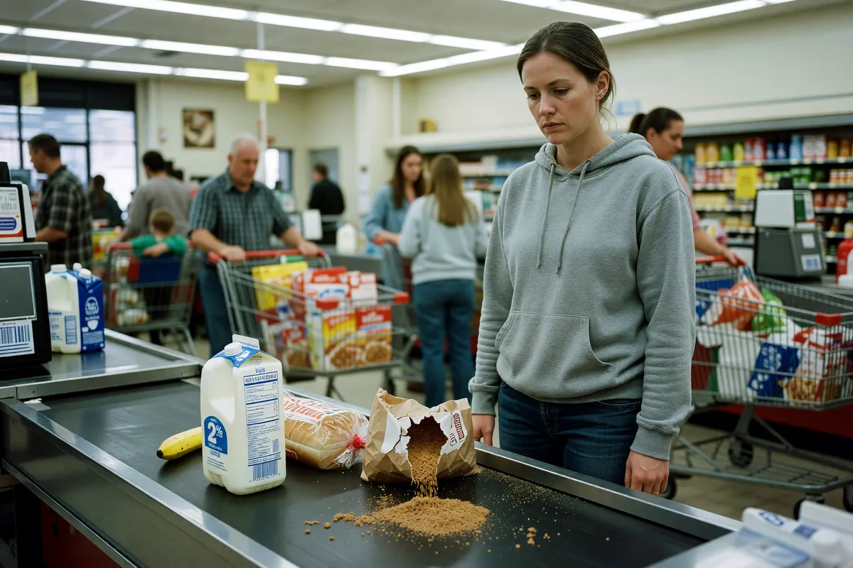 checkout line at the store, brown sugar spilling a bit